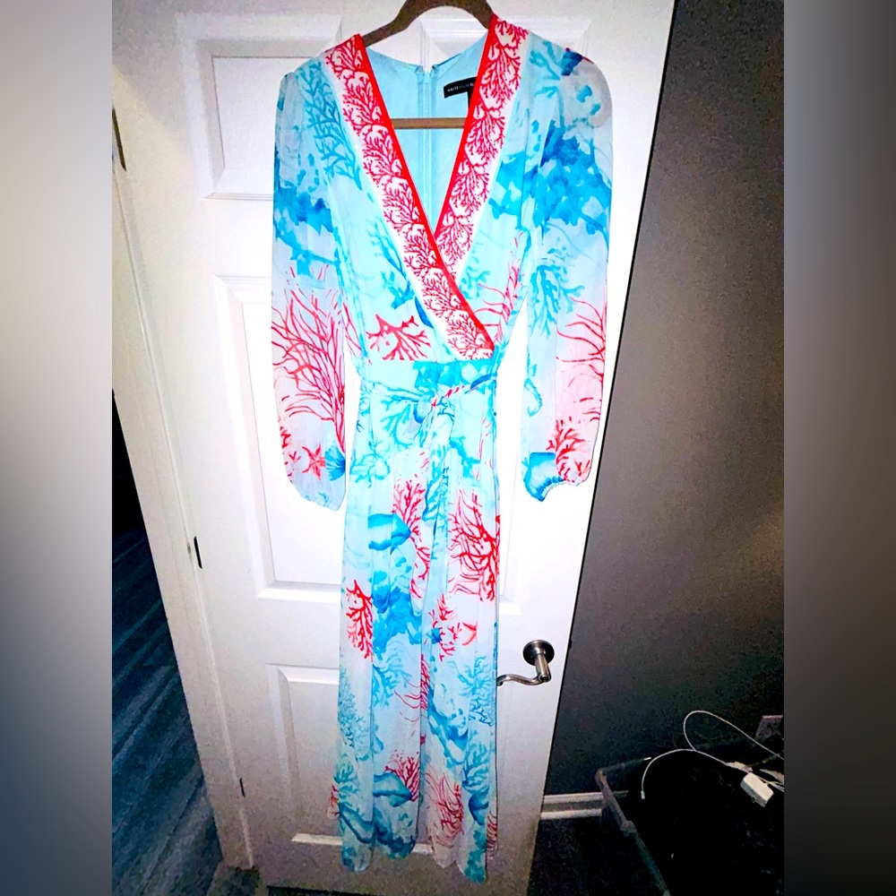 White House Black Market long coral print dress. Size 2